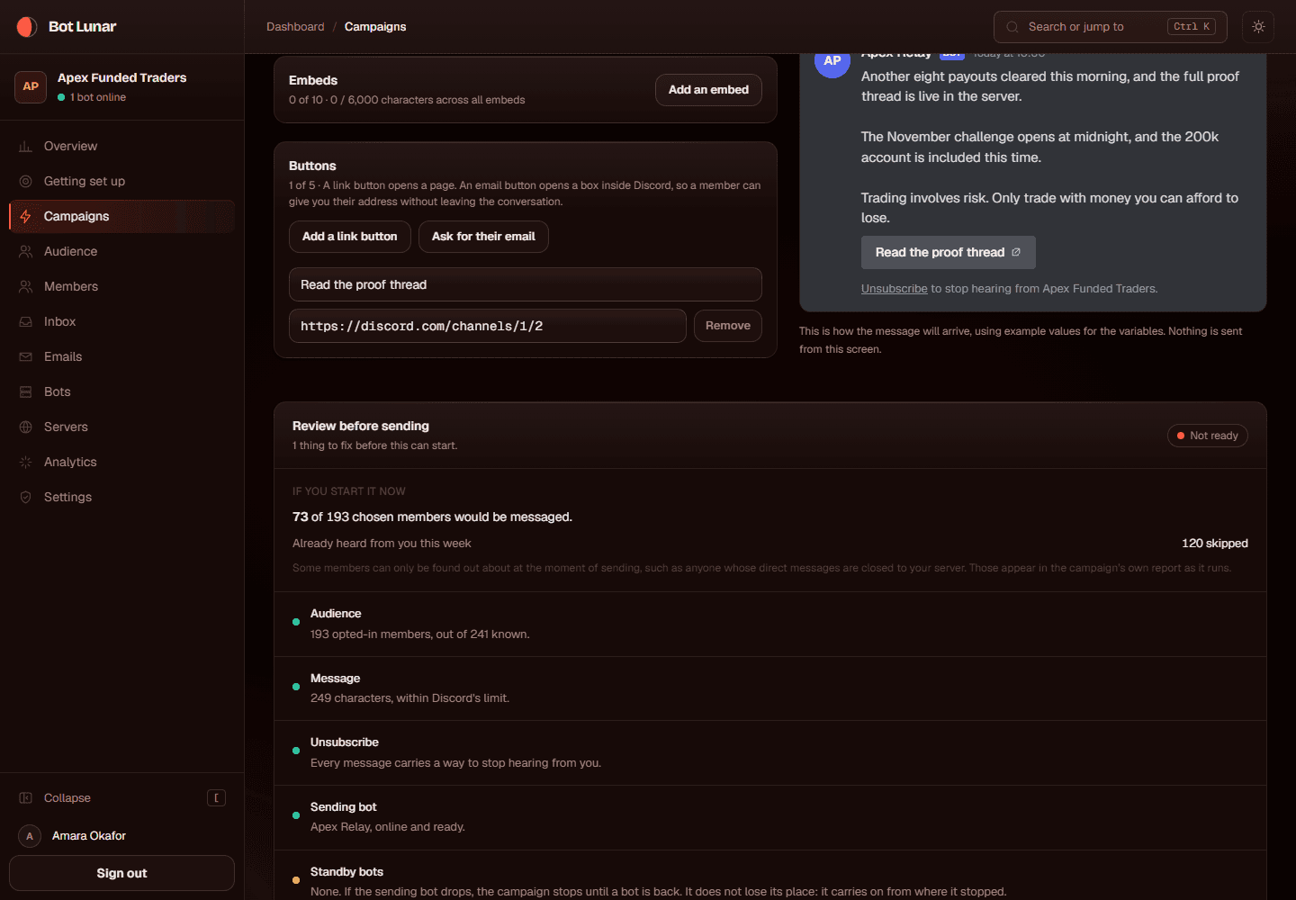 A campaign page with live sending progress
