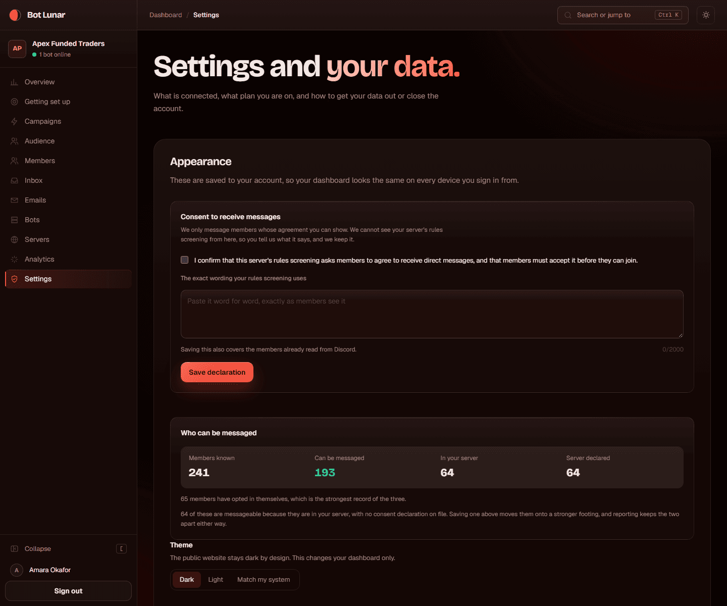 The settings page with the rules screening declaration